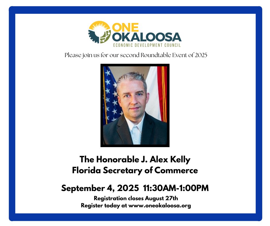 We are TWO WEEKS away from our second Roundtable event of 2025! This event is filling up fast and sure to sell out! Registration will close on August 27th. Click the link below to secure your spot: oneokaloosa.org/register/455/