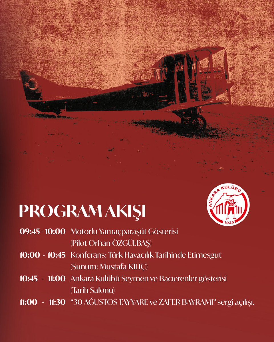 🇹🇷 30 Ağustos Zafer Bayramı’nı, Türk Tayyare Cemiyeti’nin 100. kuruluş yıldönümünde, Türk havacılık tarihine ışık tutan özel bir sergiyle karşılıyoruz!

✈️ Motorlu yamaçparaşüt gösterisi, konferans, Ankara Kulübü Seymen ve Bacıerenler’in coşkulu sahnesi ile dolu dolu bir program