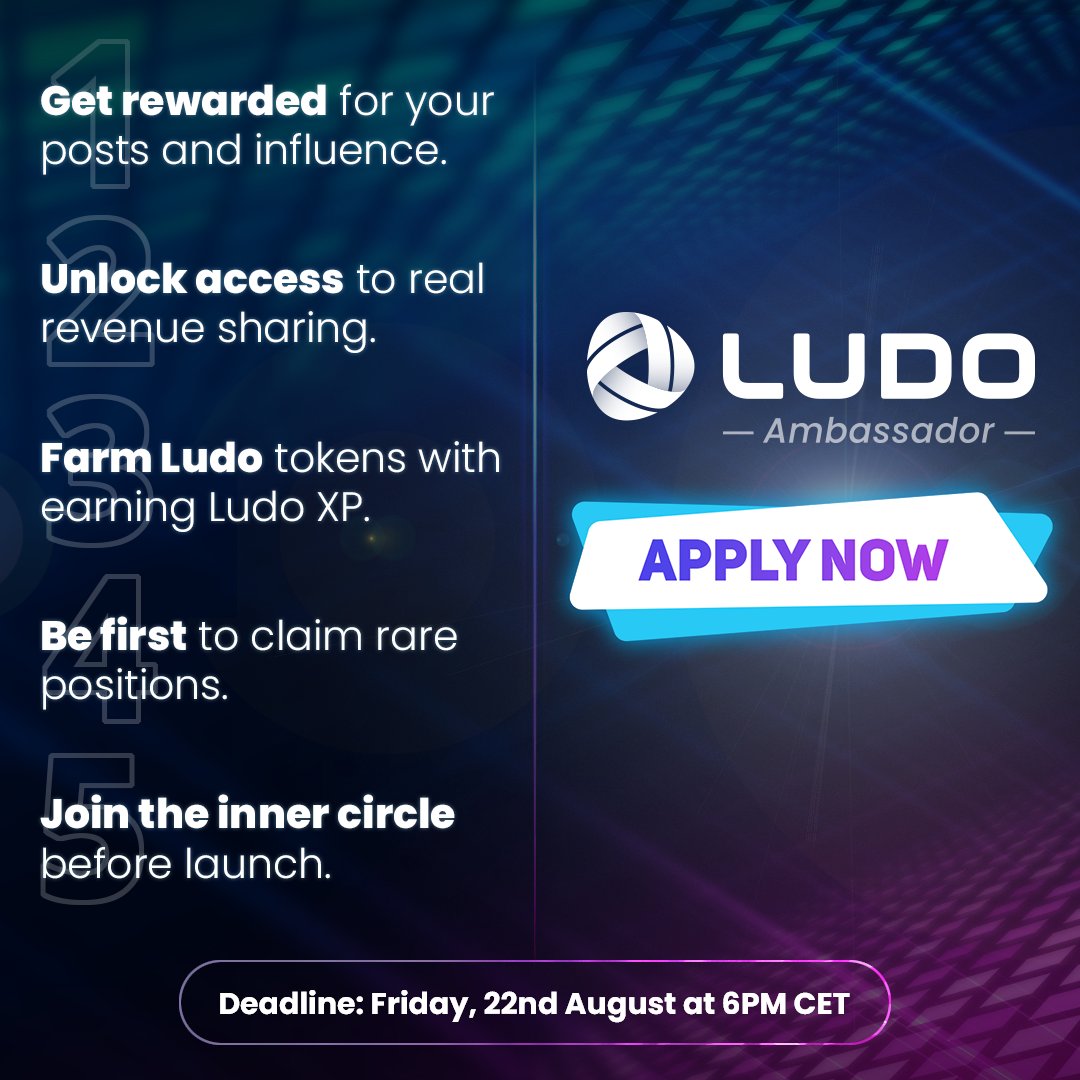Deadline Approaching Fast 🚨
This is your chance to be part of the first wave of Ludo Ambassadors.
Early spots come with real benefits. Don’t miss out.

Apply by Friday, 22nd August at 6PM CET
ludo.com/ambassador