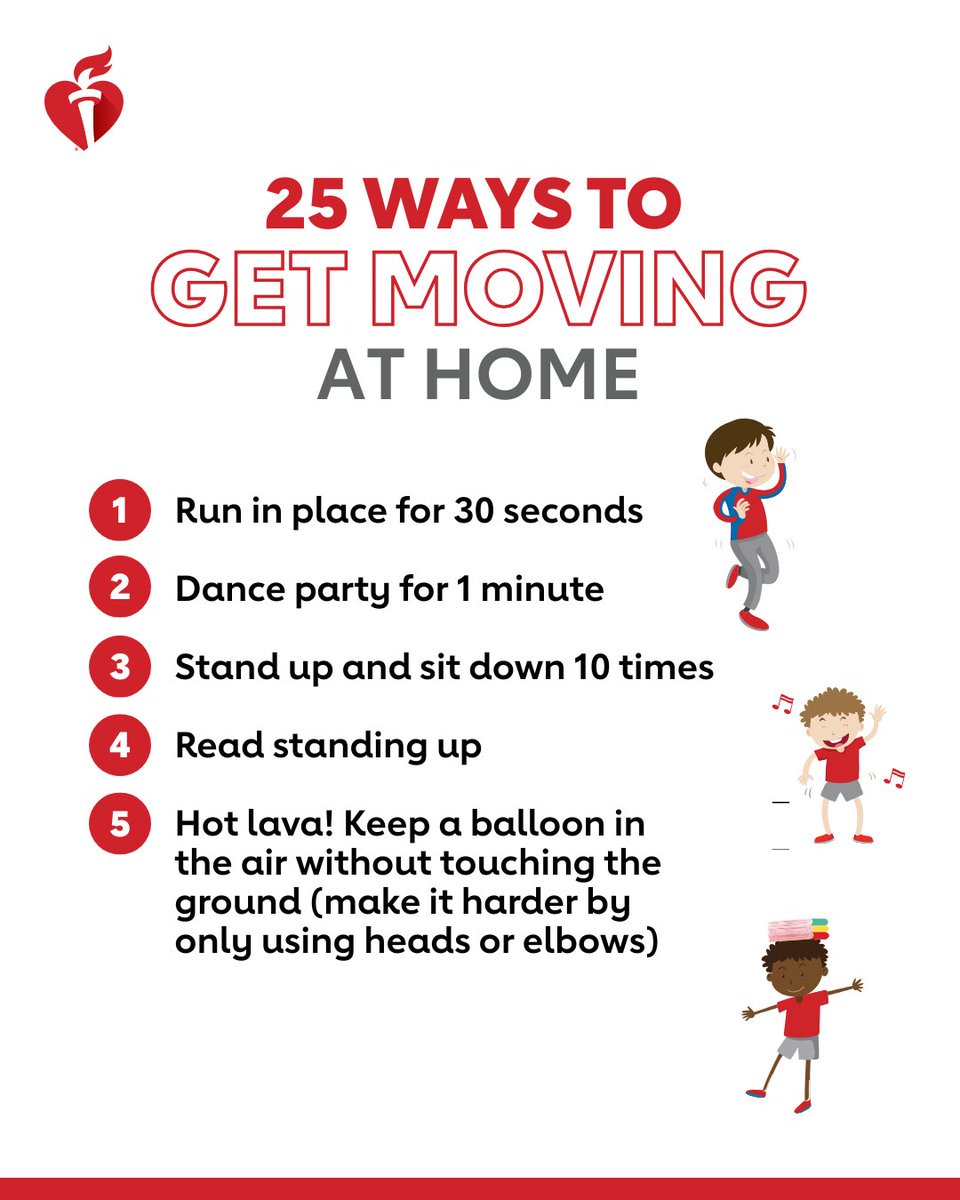 American_Heart's tweet image. Too hot outside? Take the workout inside. These 25 fun activities will have the whole family smiling and moving.