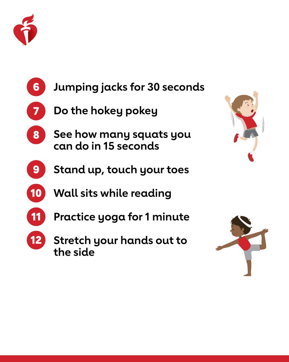 American_Heart's tweet image. Too hot outside? Take the workout inside. These 25 fun activities will have the whole family smiling and moving.