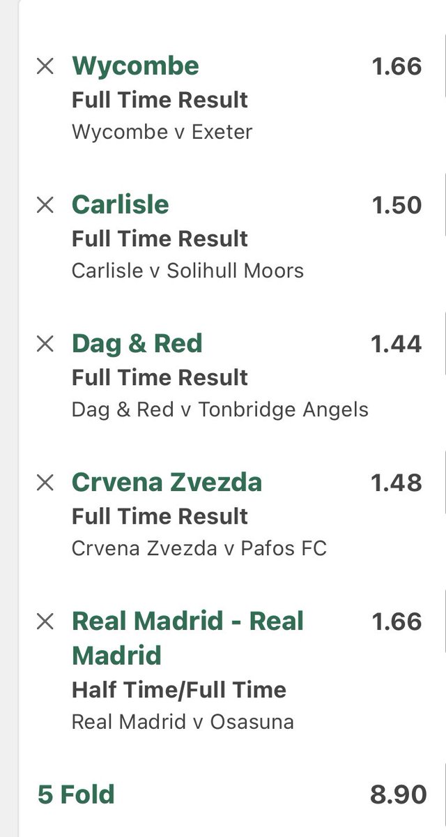 PronosLocos's tweet photo. 🔥 Premium Futbol Martes 🔥 

✅ Wycombe gana ✅ Carlisle gana ✅ Dag &amp; Red gana ✅ Crvena Zvezda gana ✅ Real Madrid gana 1T/FT ⚪️🏟️

🏆 5 partidos, cuota total 8.90 🧾

¡Vamos con todo! ⚽💪 #Apuesta #Parley #Fútbol #apuestasdeportivas #picks #combi https://t.co/Kgy0oP3N99