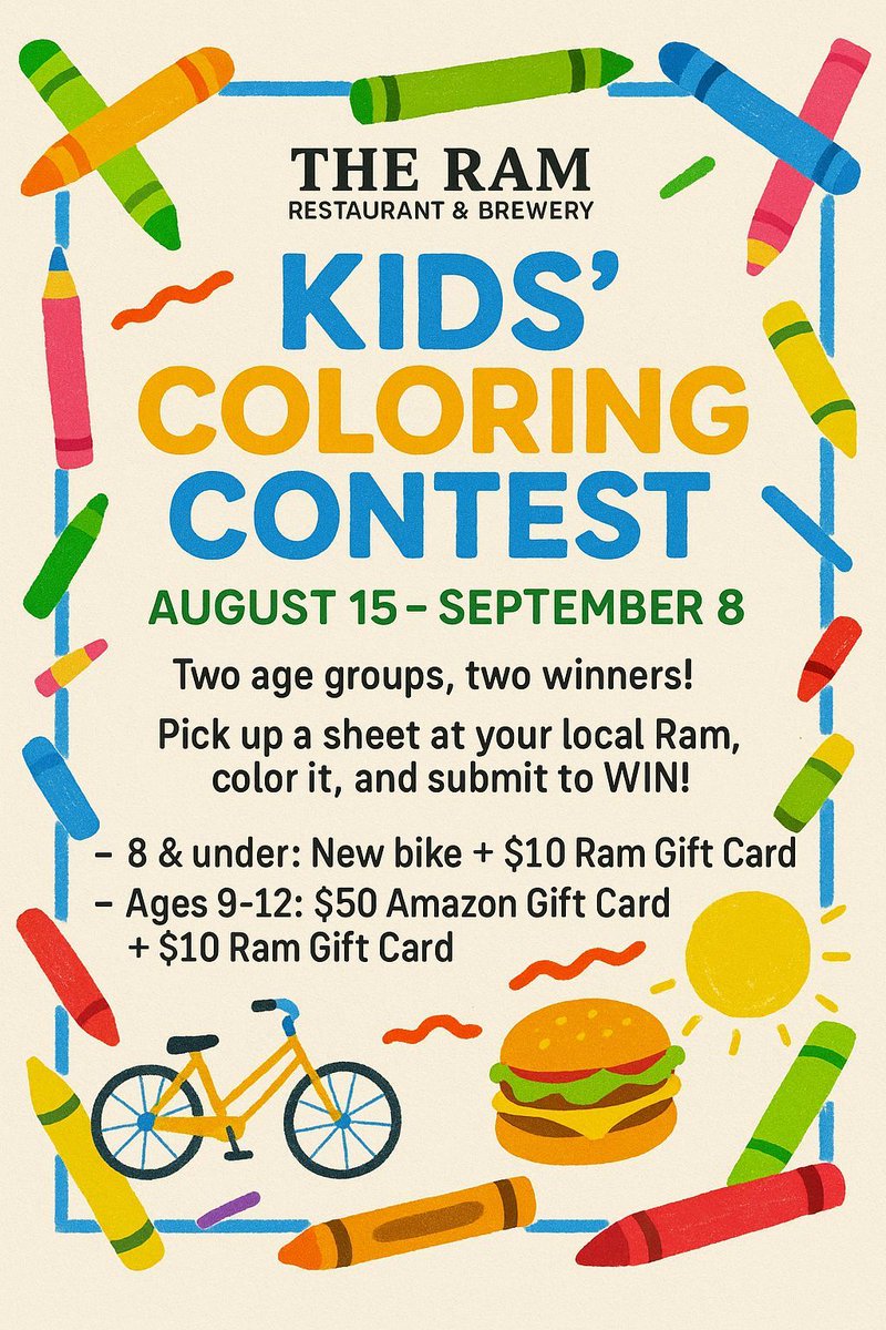 🎨 Kids’ Coloring Contest is BACK! 
🗓️ Aug 15 – Sept 8
🏆 Win a bike, Amazon + Ram Gift Cards!
👉 Grab a sheet at your local Ram &amp; enter!