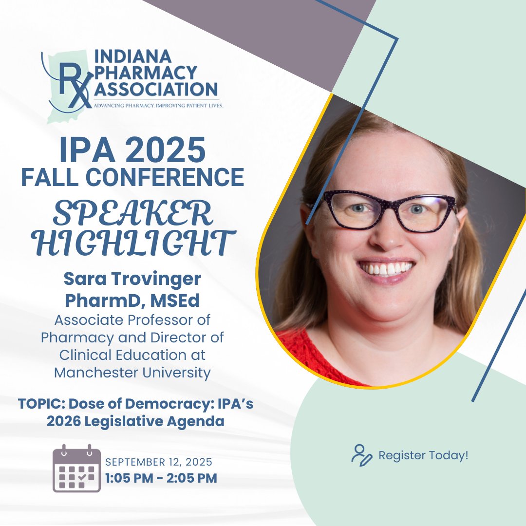 Don't miss Sara Trovinger's legislative updates presentation at the Fall Conference!
Register here! tinyurl.com/2zc4t3nv
Thank you to our sponsors!
- Manchester University
- Pharmacists Mutual
- Parkview Health
- Amgen
- Hoosiers Work for Health
- Eli Lilly
- Krieg DeVault