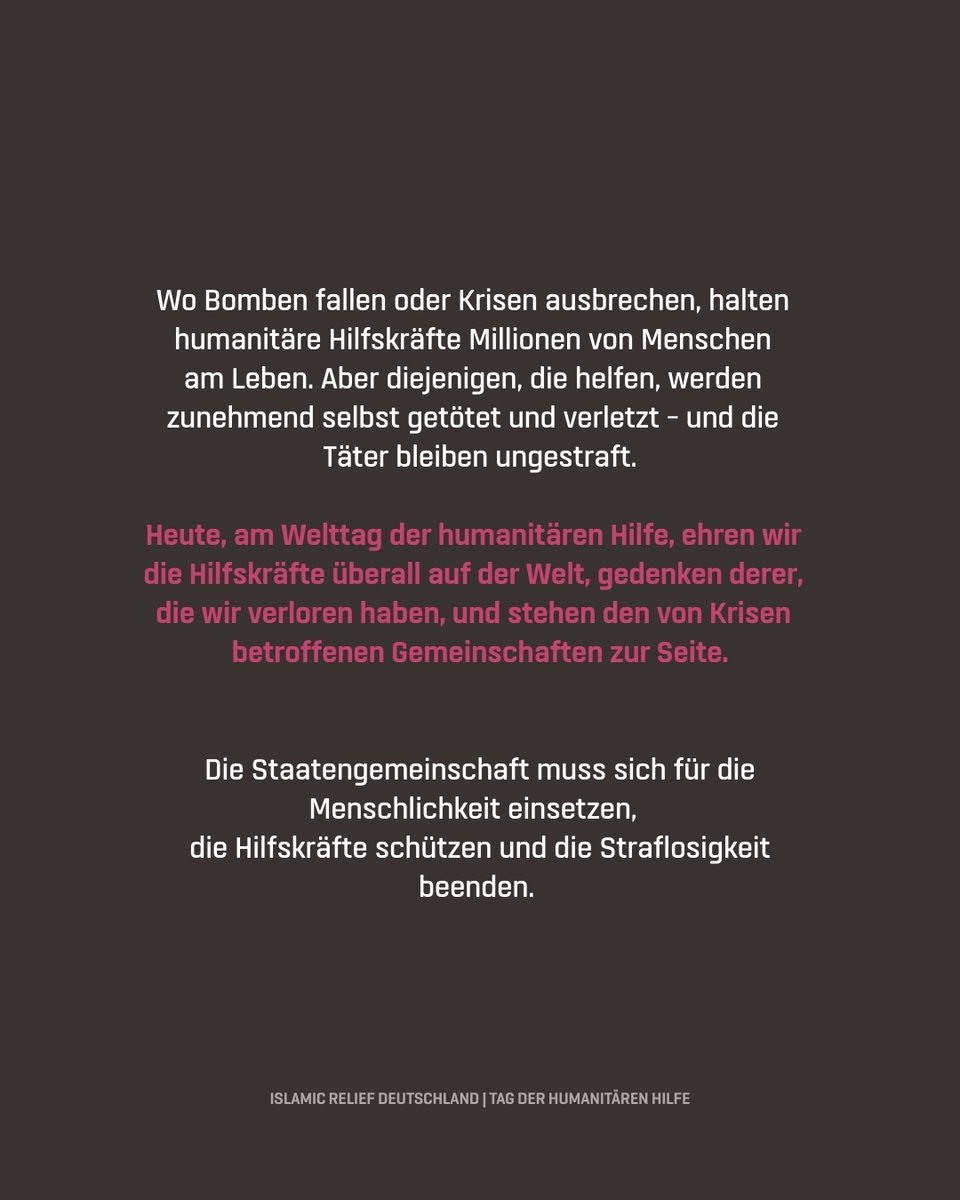 2024 war das tödlichste Jahr für humanitäre Helferinnen und Helfer. 
383 wurden getötet – so viele wie nie zuvor. 2025 droht noch schlimmer zu werden. 
Am #WorldHumanitarianDay rufen wir auf: #ActForHumanity – schützt Helferinnen und Helfer! ✊