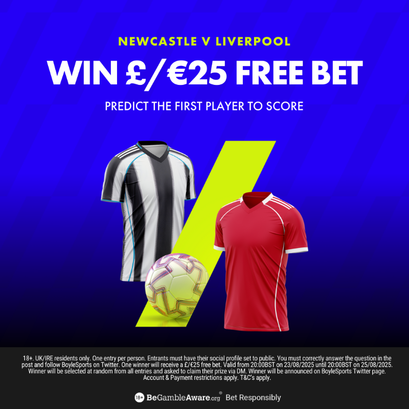 BoyleSports's tweet photo. Back Yourself and you could win a £/€25 Free Bet!

To enter:
⦿ Follow @BOYLESports
⦿ Retweet this post
⦿ Predict who will score 𝗙𝗜𝗥𝗦𝗧 in Newcastle v Liverpool

Click below for full terms &amp; conditions