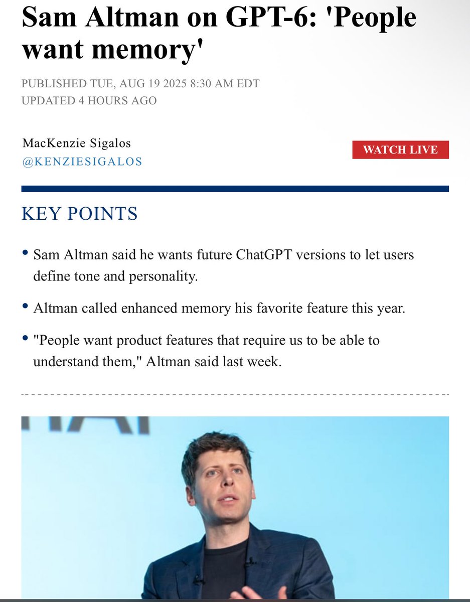 BREAKING🚨
Sam Altman: “GPT 6 is on the way”

> Memory is the bet. “People want models that remember things over time.” Personalization and persistence are the north star.  

>What that unlocks
Assistants that pick up where you left off, keep tone and preferences straight, and