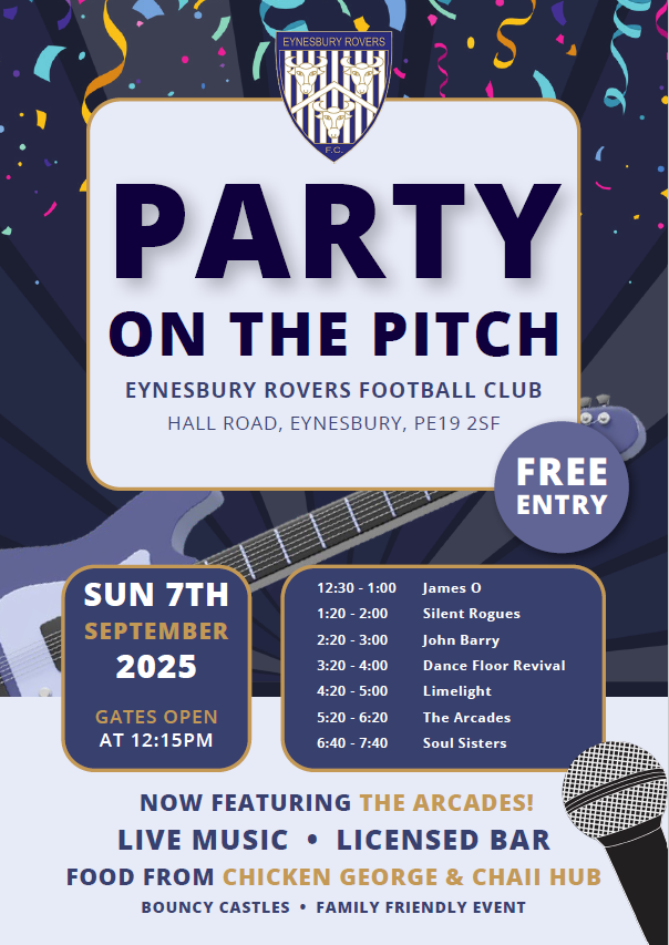 EynesburyRovers's tweet image. This is an event not to be missed. 

 🎤Live music
🍟Food by Chicken George and the Chaii Hub
 🏰Bouncy castle
 🍻Licensed Bar
 😀Lots of Fun!!!!

And it's FREE!!!  

#Event #StNeots #FamilyEvent #EynesburyRovers