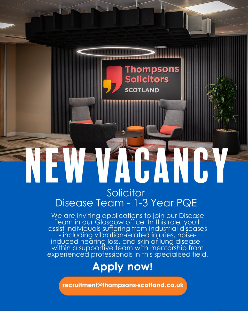 Thompsons Solicitors Scotland (@talktothompsons) on Twitter photo 💼 Thompsons is hiring a Solicitor (1-3 PQE) for our Disease Team in Glasgow. Salary: £44,018–£46,250 + hybrid & flexi-time. Work on industrial disease cases & make a real impact. Apply by 22/08/25 recruitment@thompsons-scotland.co.uk (Quote “SOLDIS”) #TalkToThompsons #LegalJobs 💼 Thompsons is hiring a Solicitor (1-3 PQE) for our Disease Team in Glasgow. Salary: £44,018–£46,250 + hybrid & flexi-time. Work on industrial disease cases & make a real impact. Apply by 22/08/25 recruitment@thompsons-scotland.co.uk (Quote “SOLDIS”) #TalkToThompsons #LegalJobs