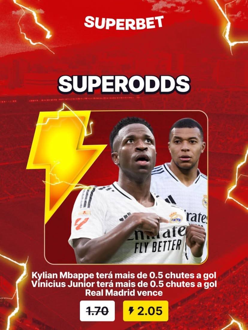 ❗️ Superodd do dia!  🔥⤵️

🇪🇸👉 Real Vence + UM Chute do Mbappé e do Vini JR por @ 2.05: bdeal.io/Superbet/90054…

✅ Curtir demais essa! Bora junto. Tendência de amasso do Real!