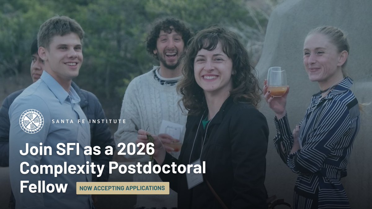 sfiscience's tweet image. Applications are open for the 2026 cohort of SFI Complexity Postdoctoral Fellows.
The fellowships offer early-career scholars the opportunity to join a collaborative research community that nurtures creative, transdisciplinary thought in pursuit of key insights about complex…