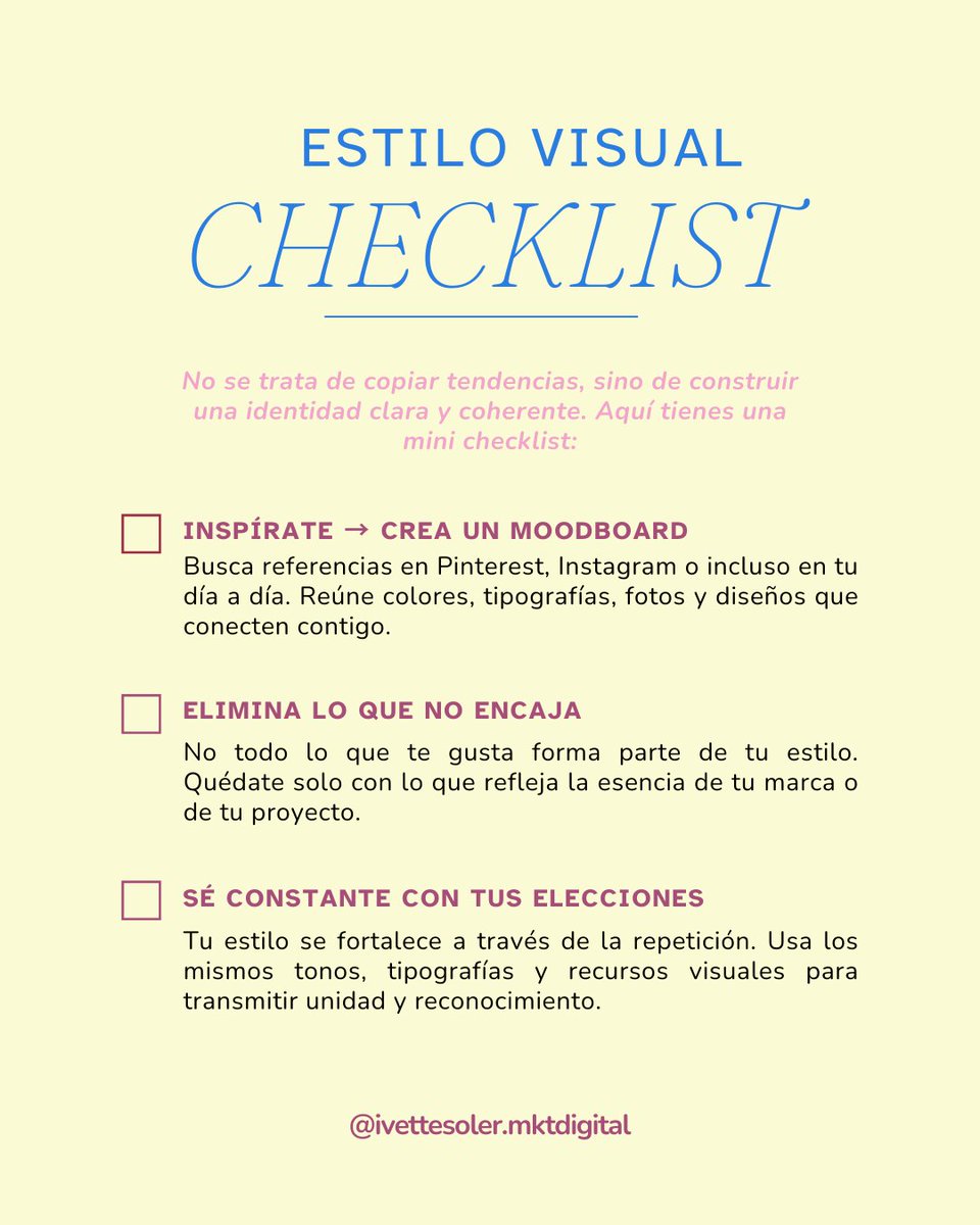 IvetteSolerMKT's tweet image. ¿Quieres definir tu estilo visual?

Haz esto:
✓ Inspírate → crea un moodboard
✓ Elimina lo que no encaja
✓ Sé constante con tus elecciones

Tu estilo no se busca, se construye.
#IvetteSoler #DiseñoDeContenido #VisualStrategy