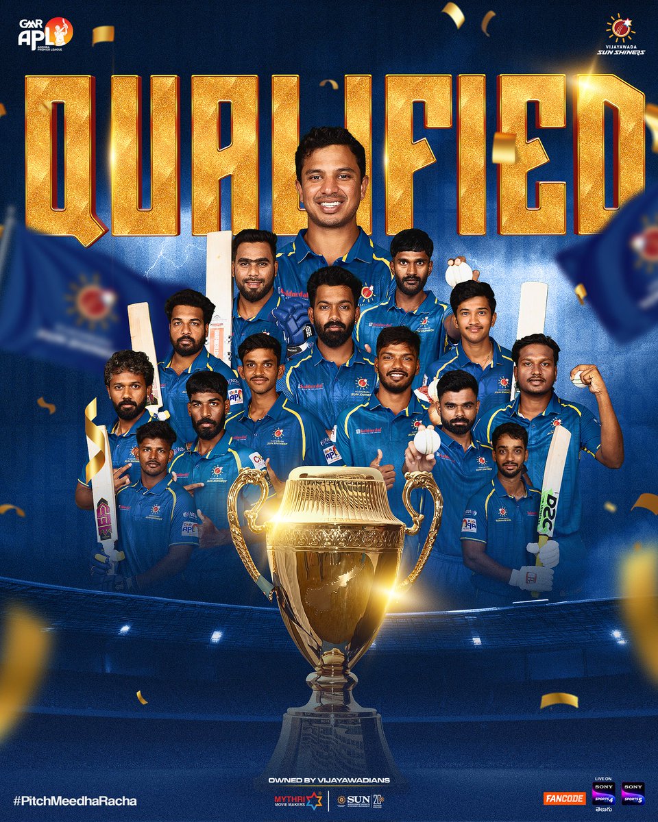 Onwards and upwards. 

We are eyeing the championship now 🏆 

Qualified for the playoffs 💥💥

#PitchMeedhaRacha 🏏

<a href="/vjasunshiners/">Vijayawada Sun Shiners</a> <a href="/MythriOfficial/">Mythri Movie Makers</a> @andhrat20league #SunInternationalInstitute
#APL2025