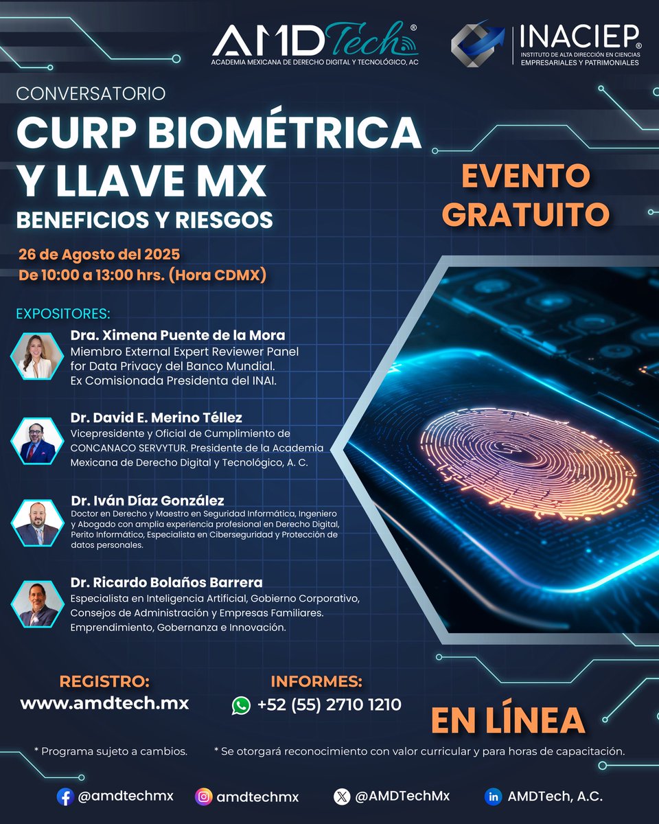 📢 Inscríbete a nuestro Conversatorio Gratuito CURP Biométrica y Llave MX: Riesgos y Beneficios

Si trabajas en áreas legales, tecnología, gobierno o compliance, este evento es para ti.

🗓26 de agosto | 10:00 a 13:00 hrs

🔗 Regístrate ahora: amdtech.mx/curso/