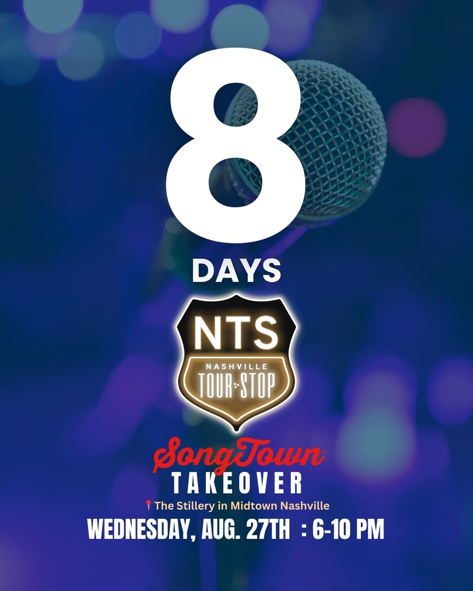8 days until the mic turns on! 🎤 You’re invited to a night of music and stories during Nashville Tour Stop’s SongTown Takeover!! 

📅 Wednesday, August 27th from 6-10pm
📍 The Stillery Midtown is located at 1921 Broadway, Nashville TN 37203 

#songwriters #writersnight
