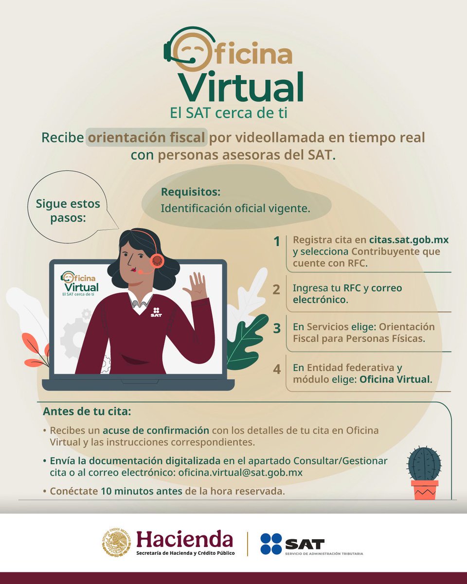 Registra tu cita para recibir orientación en línea.

Ingresa a citas.sat.gob.mx y en Entidad federativa y módulo elige Oficina Virtual.