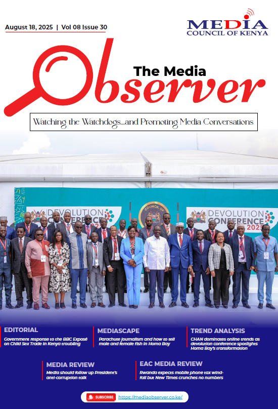 MediaObserverK's tweet photo. Here is a highlight of some stories in #Issue30 of the Media Observer.
1. Kenya’s troubling response to the @BBCAfrica exposé on child sex trade as government turns the heat on journalists instead of abusers
2. Media coverage of #CHAN2024 chaos and CAF fines against Kenya as fan indiscipline takes center stage.
3. The need for media to follow up on President @WilliamsRuto's anti-corruption talk
For more stories click here: https://t.co/kkbpKOD1gj
PDF version: https://t.co/QgzxEAIUFj
#MediaMonitoringKE
@MediaCouncilK @CCommissionKE @RwandaMedia
@mediacouncilmw @MediaCouncilUg @mctanzania
@SouthSudanMedia @SudanMediaForum @DcUnpc @FESOJ_SOMALIA @eastafrica_pc @mctanzania
@GWQSoomaaliyeed
For updates, follow us on:
@MediaObserverKObserver.