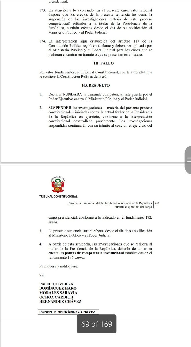 En un fallo bastante predecible el TC protege al Ejecutivo y ahora señala q no se puede investigar a quienes ejercen la Presidencia hasta que terminen su mandato. Y pensar q los años previos se inhabilitó y premió a Fiscales de la Nación por interpretar diferente esto ⤵️