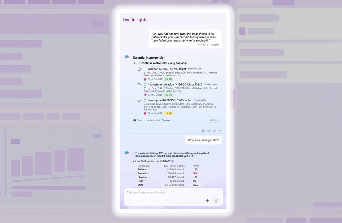 HeyEpic's tweet image. Art is an active assistant during the visit, helping doctors focus on the patient.

It’s able to answer questions on the fly, give real-time insights, and take actions like queueing up orders and verifying prior authorization requirements.