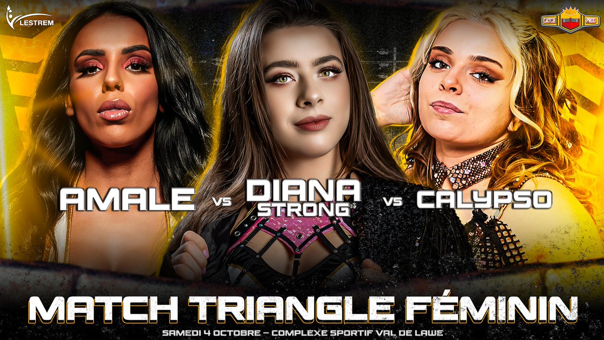 Catch Prod a annoncé le premier match pour leur show qui aura lieu le 4 octobre à Lestrem.

Match Triangle Féminin
Amale VS Diana Strong VS Calypso

La billetterie est disponible:
catchprod.fr/billetterie/