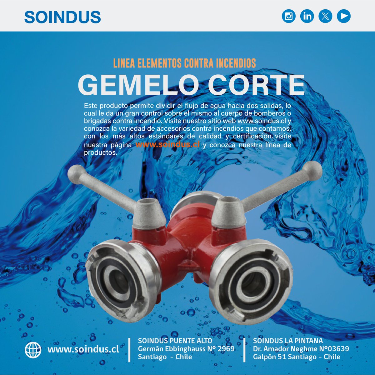 Este producto permite dividir el flujo de agua hacia dos salidas, lo cual le da un gran control sobre el mismo al cuerpo de bomberos o brigadas contra incendio. soindus.cl y conozca la variedad de accesorios contra incendios de alta calidad y certificación.