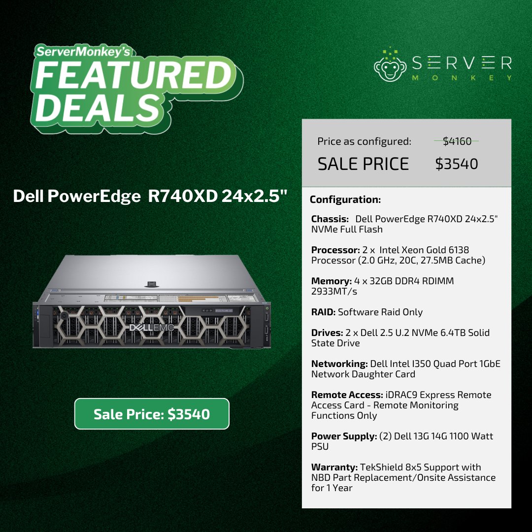 ServerMonkey (@myservermonkey) on Twitter photo All-flash speed! 15% off Dell PowerEdge #R740XD: Now $3,540! Dual Xeon Gold 6138 CPUs (40 cores), 128GB RAM, 12.8TB NVMe storage, quad-port networking.
🌐: hubs.ly/Q03DpF2r0
👨💻: 1-855-432-8918 | sales@servermonkey.com
#ServerMonkeyFeaturedDeal All-flash speed! 15% off Dell PowerEdge #R740XD: Now $3,540! Dual Xeon Gold 6138 CPUs (40 cores), 128GB RAM, 12.8TB NVMe storage, quad-port networking.
🌐: hubs.ly/Q03DpF2r0
👨💻: 1-855-432-8918 | sales@servermonkey.com
#ServerMonkeyFeaturedDeal