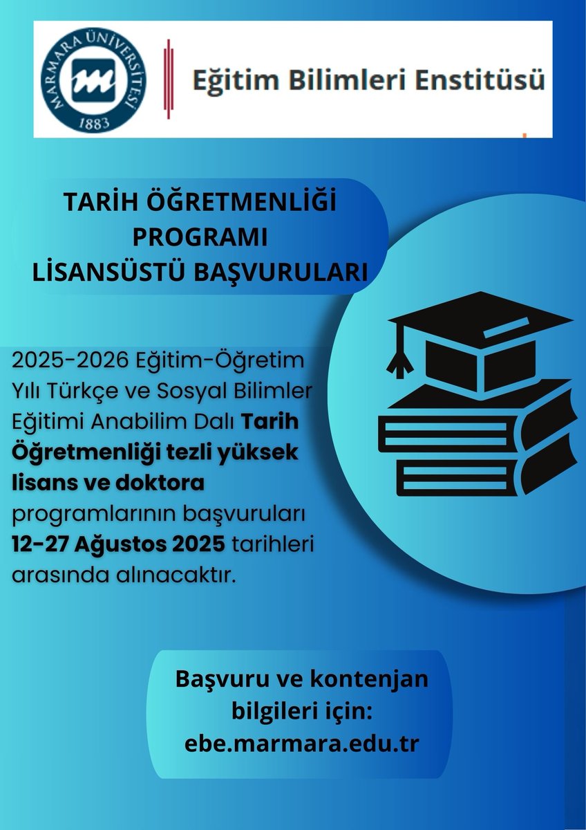 mu_tarihegitimi's tweet photo. Tarih Öğretmenliği lisansüstü programları başvuruları başladı.  27 Ağustos'a  kadar sürecek başvurularla ilgili bilgiler linkte:
https://t.co/xMIgUglEIY 

Okuma listesi için linki inceleyebilirsiniz:
https://t.co/SvpqI0hT1k

Başvuracak arkadaşlara şimdiden başarılar diliyoruz. https://t.co/BTNtkxzB2J