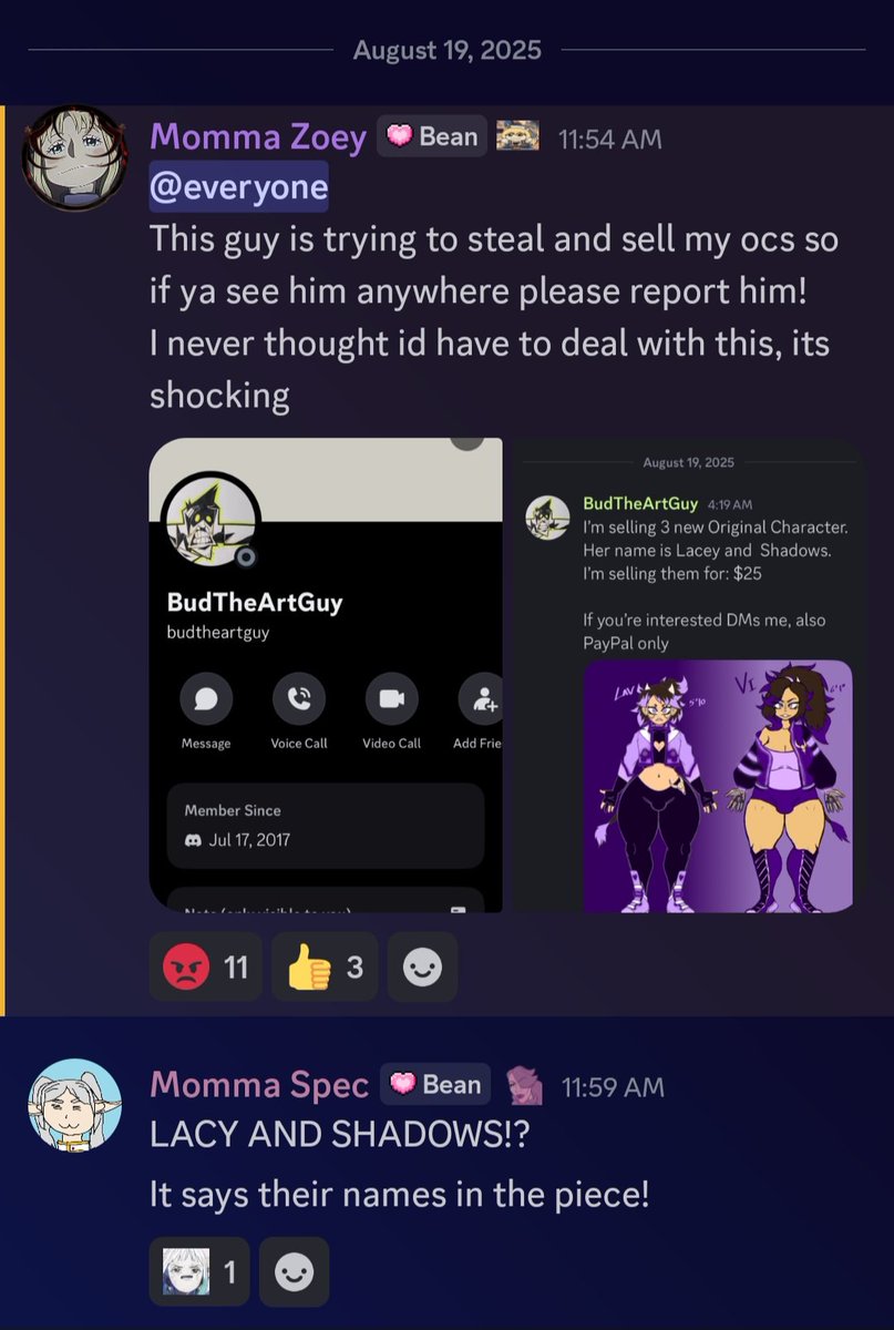 some guys is trying to sell ocs I and my wife co-own, and i designed. please report this guy if you come across him, and call out future people who try to sell my designs without consent. 

sorry this came out of nowhere lol
