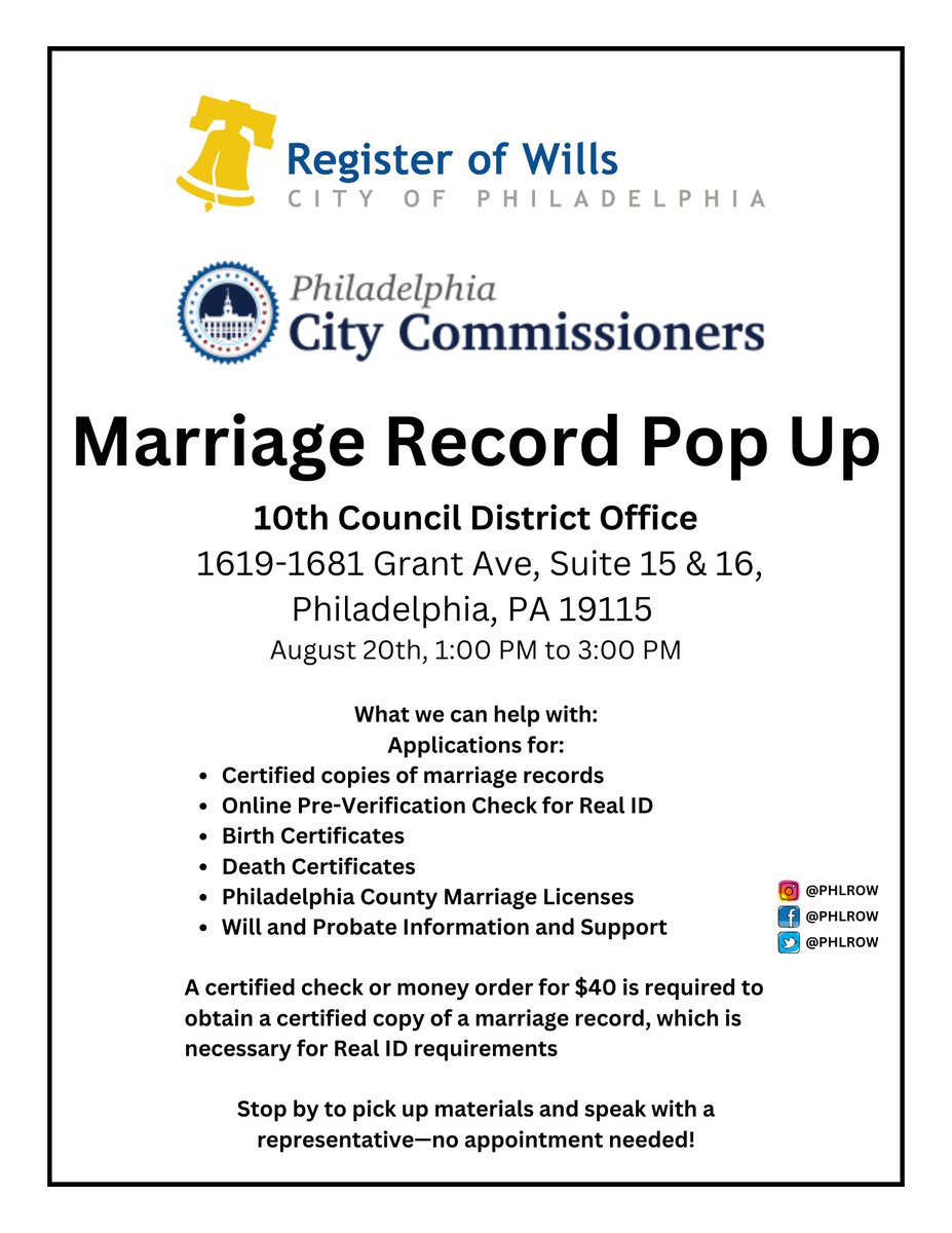 Philadelphia City Commissioners (@phillyvotes) on Twitter photo Join the Register of Wills for a Records Pop Up at our 10th District Satellite Office, 1619–1681 Grant Ave, tomorrow from 1:00-3:00 P.M. Get certified marriage records, birth/death certificates, Real ID pre-verification, and more. No appointment needed. #PhillyVotes <a href="/phlrow/">John P. Sabatina - Philadelphia Register of Wills</a> Join the Register of Wills for a Records Pop Up at our 10th District Satellite Office, 1619–1681 Grant Ave, tomorrow from 1:00-3:00 P.M. Get certified marriage records, birth/death certificates, Real ID pre-verification, and more. No appointment needed. #PhillyVotes <a href="/phlrow/">John P. Sabatina - Philadelphia Register of Wills</a>