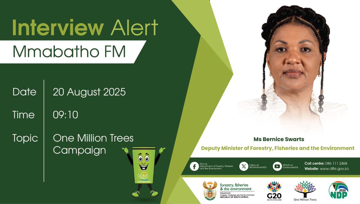 environmentza's tweet photo. 𝗜𝗡𝗧𝗘𝗥𝗩𝗜𝗘𝗪 𝗔𝗟𝗘𝗥𝗧!

Catch Deputy Minister Bernice Swarts tomorrow morning on Mmabatho FM talking about the #OneMillionTrees campaign! 

#MyTreeMyOxygen #Trees4TheFuture https://t.co/LYrLBQC7KS