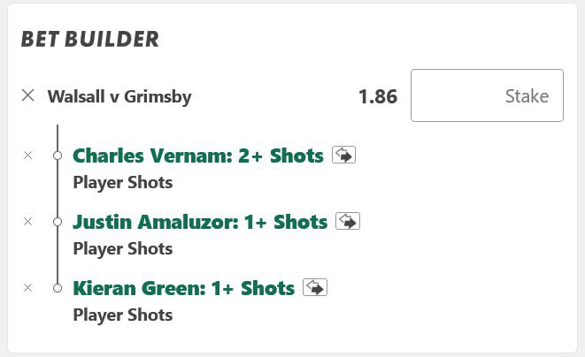 Bet Builder for tonight ⚒️

Walsall Vs Grimsby 🏴󠁧󠁢󠁥󠁮󠁧󠁿 

🏴󠁧󠁢󠁥󠁮󠁧󠁿 League 2  

Bet Builder @ 1.86 (1u)