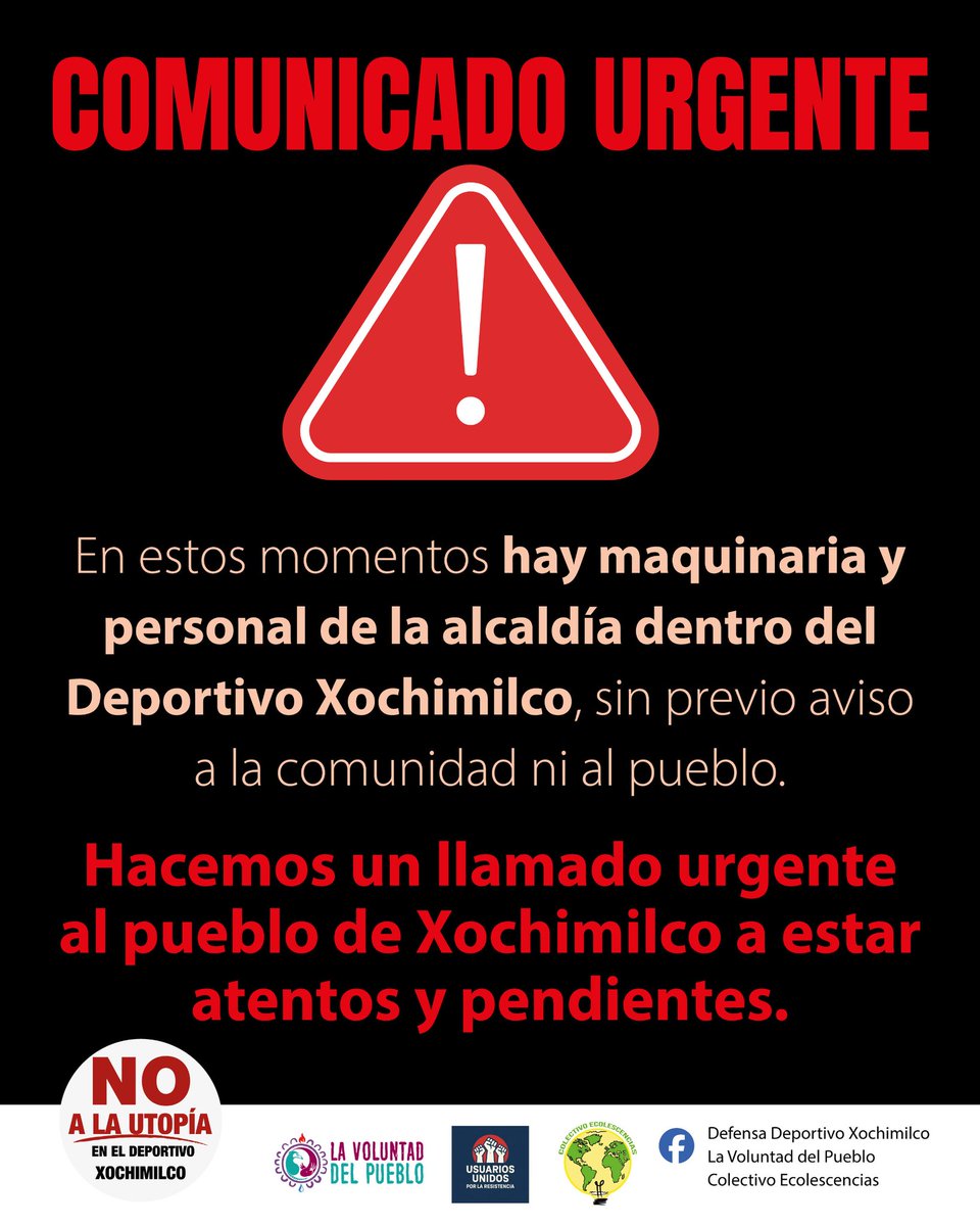 🚨 URGENTE 🚨
Maquinaria y personal de la alcaldía han entrado al Deportivo Xochimilco sin aviso a la comunidad.
¡El pueblo debe estar alerta y unido! <a href="/Pajaropolitico/">Animal Político</a> <a href="/AristeguiOnline/">Aristegui Noticias</a> <a href="/DanielRosas_/">Daniel Rosas 3.0</a> <a href="/juanomarfierro/">Juan Omar Fierro</a>
#XochimilcoResiste #DefendamosElDeportivo #AlertaXochimilco