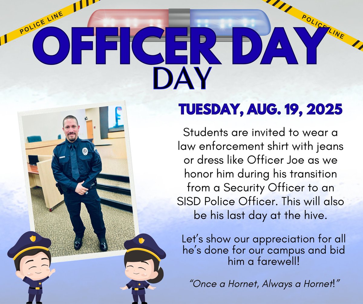 JJHansen26's tweet photo. Culture begins with strong leaders that make a positive impact. 

We are so PROUD of Officer Joe! We celebrate you &amp; your promotion to TeamSISD Police Officer! Woo, hoo! #TeamSISD #ThrivingAtTheHive https://t.co/DH9dJ1kR7W