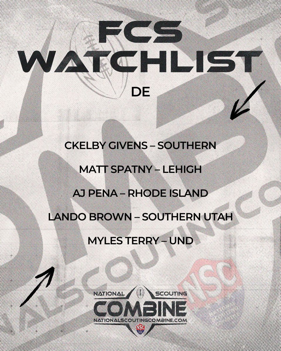 National Scouting Combine (@nscombine) on Twitter photo FCS Watchlist Week 11🔥
It is our final week of this series, and we want to see YOU at NSC 2026!
<a href="/Ckelby1/">Ckelbyg1</a>
<a href="/matt_spatny/">Matt Spatny</a>
<a href="/AjPena21/">Aj Peña</a>
<a href="/Landobrown8/">Lando brown</a>
<a href="/MylesTerry7/">Myles Terry</a>
Register now!
nationalscoutingcombine.com
#ProductOfNSC #NSC2026 #ProFootball #Showcase #DraftEligible #Testing #Drills FCS Watchlist Week 11🔥
It is our final week of this series, and we want to see YOU at NSC 2026!
<a href="/Ckelby1/">Ckelbyg1</a>
<a href="/matt_spatny/">Matt Spatny</a>
<a href="/AjPena21/">Aj Peña</a>
<a href="/Landobrown8/">Lando brown</a>
<a href="/MylesTerry7/">Myles Terry</a>
Register now!
nationalscoutingcombine.com
#ProductOfNSC #NSC2026 #ProFootball #Showcase #DraftEligible #Testing #Drills