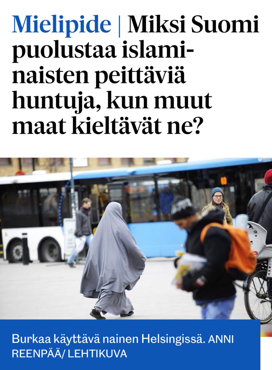 Jälleen hyvä kirjoitus <a href="/FLtoimitus/">Forssan Lehti</a> lehdessä. Suosittelen lukemaan ja jakamaan! 👍

Tästä pitää keskustella, lisää ja lisää. Ääntä naisia sortavia tapoja vastaan tarvitaan. Kasvojen peittäminen ei kuulu tähän maailmaan, ei varsinkaan tasa-arvoa kunnioittavaan länteen, jossa