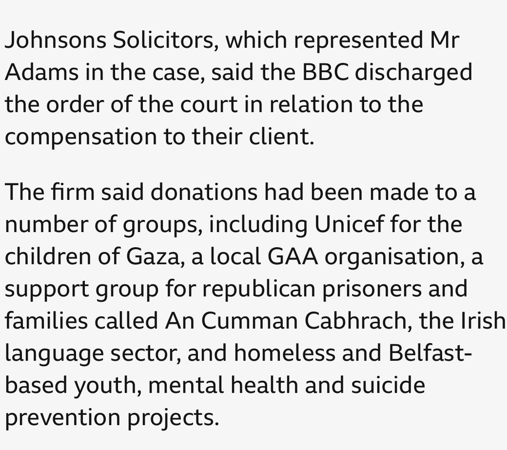 I have donated the BBC libel damages to the children of Gaza, Irish language groups, homeless support charities and other good causes. 

See below statement from Johnson’s Solicitors👇