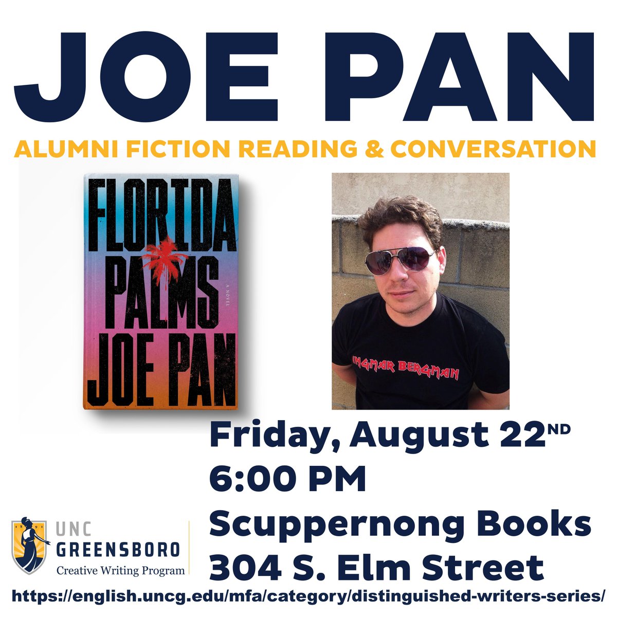 Join us this Friday, August 22nd, at 6PM at Scuppernong Books for a reading &amp; conversation with UNCG alum Joe Pan, author of Florida Palms. buff.ly/eaFQ6DH <a href="/mfagreensboro/">UNCG Creative Writing</a> <a href="/UNCG_ENG/">UNCG English Department</a> <a href="/UNCG_CAS/">UNCG College of Arts & Sciences</a> <a href="/UNCG/">UNCG</a> @uncgalumni