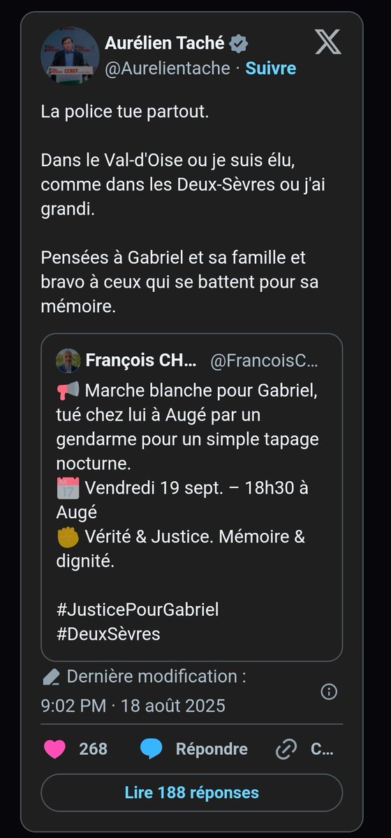 Saluons l'action du <a href="/Prefet95/">Préfet du Val-d'Oise</a> et le soutien de <a href="/BrunoRetailleau/">Bruno Retailleau</a> après les propos inacceptables du député <a href="/Aurelientache/">Aurélien Taché</a>. Accuser la police de « tuer partout » est une insulte et une grave atteinte à l'honneur des forces de l'ordre. <a href="/PoliceNationale/">Police nationale</a> #jaimemapolice 
<a href="/RudyManna2/">Rudy Manna</a>