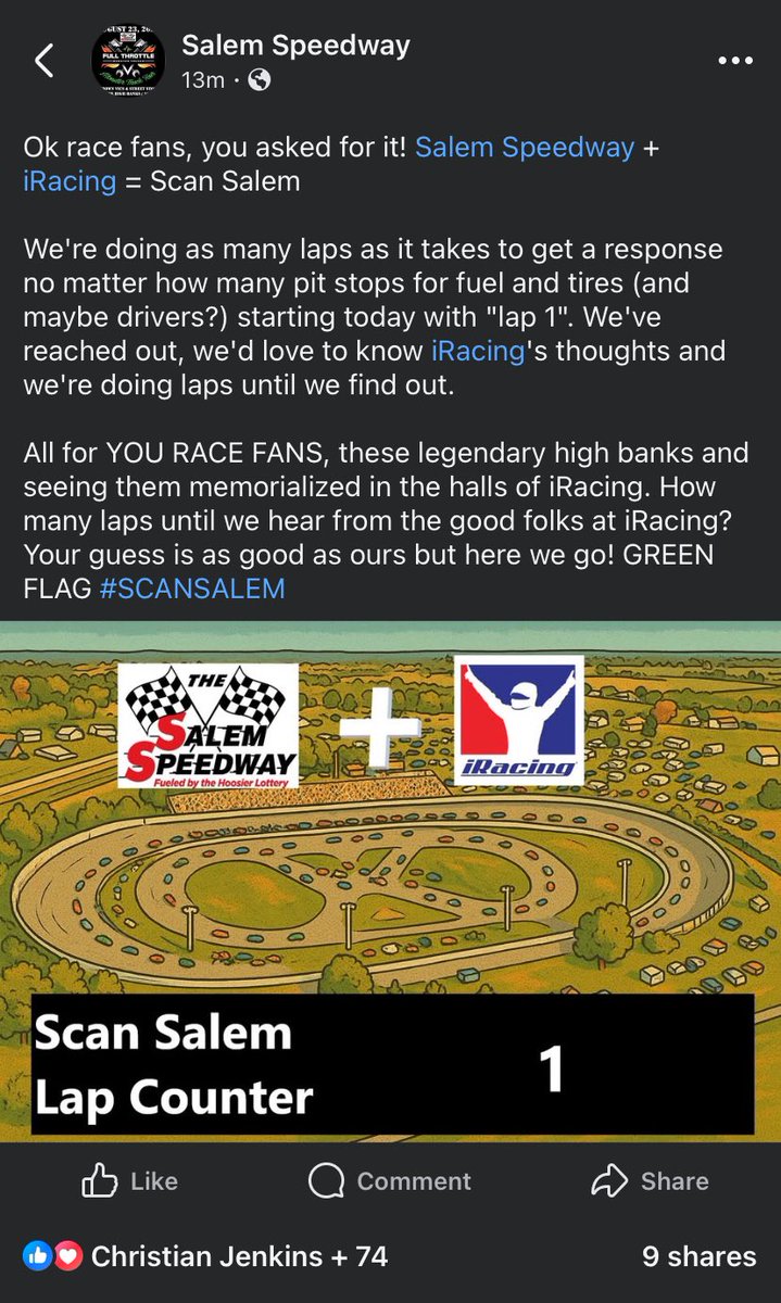We need to get <a href="/iRacing/">iRacing</a> to scan <a href="/Salem_Speedway/">Salem Speedway</a>!!!

<a href="/DaleJr/">Dale Earnhardt Jr.</a> <a href="/CarsonHocevar/">Carson Hocevar</a> whoever else can help get it done!!