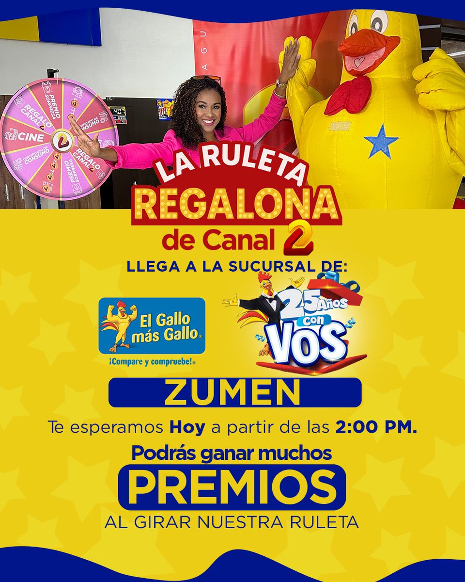 Canal2Nicaragua's tweet photo. ¡Atención, Managua! 🤩 La Ruleta Regalona de Canal 2 llega a ZUMEN.

🗓️ Te esperamos hoy a partir de las 2:00 p.m.
¡Ven y participa para ganar muchos premios al girar nuestra ruleta! 🎁
¡No te lo pierdas!

#Canal2 #LaRuletaRegalona #Zumen #ElGalloMasGallo https://t.co/a2JePsR7Lf