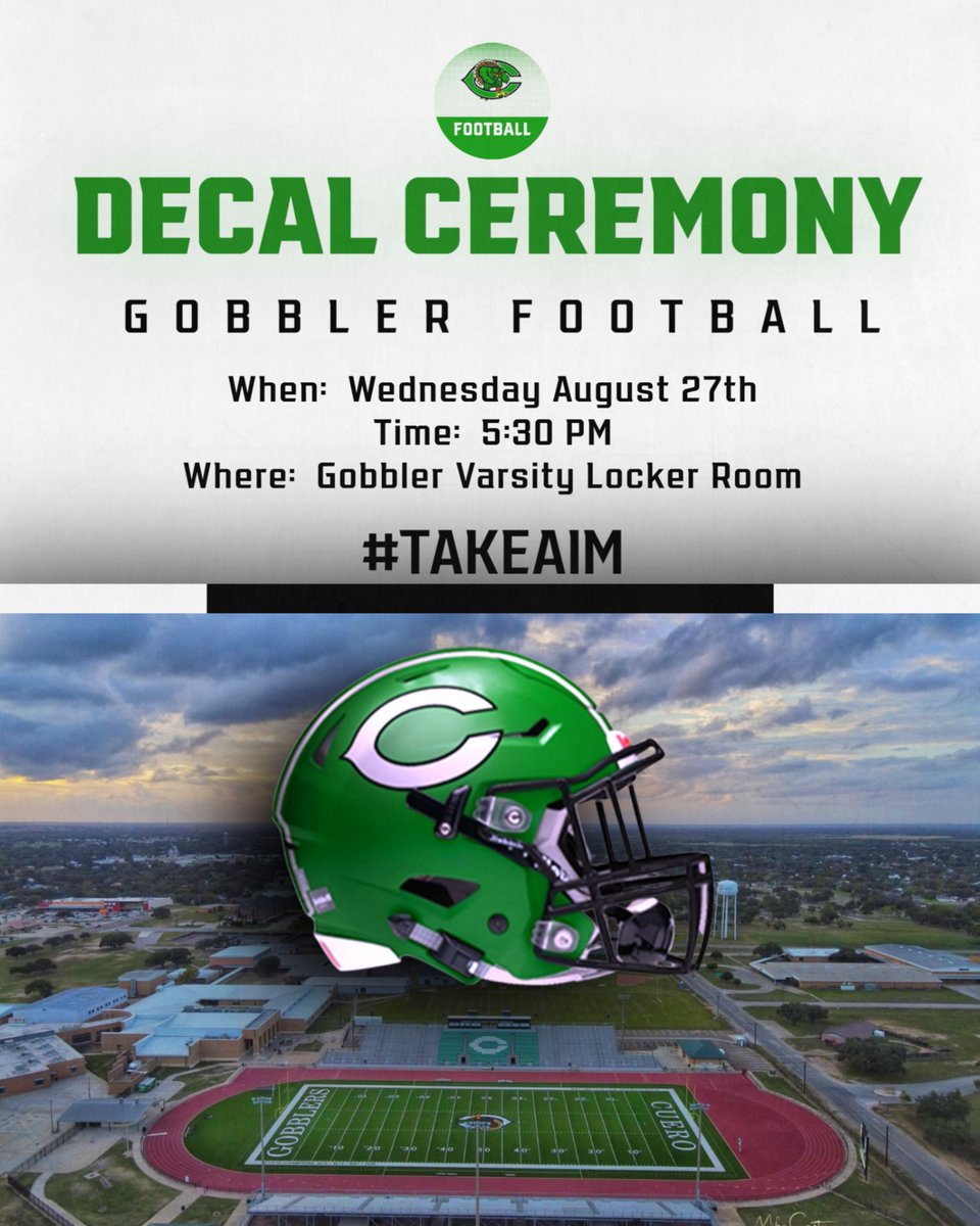 CueroAthletics's tweet photo. VARSITY FOOTBALL DECAL CEREMONY will be next week, Wednesday August 27th at 5:30 PM in the Varsity Football Lock Room! It's almost that time!!! #TAKEAIM #GMG https://t.co/Hw8PmzjaTP