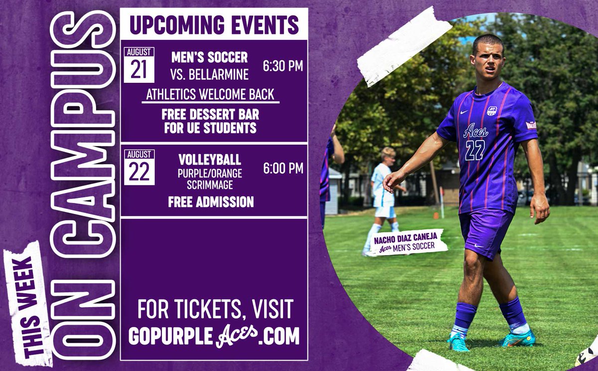 𝗧𝗵𝗶𝘀 𝗪𝗲𝗲𝗸 𝗢𝗻 𝗖𝗮𝗺𝗽𝘂𝘀 🏠

A Welcome Week clash with Bellarmine in <a href="/UEAthleticsMSOC/">UE Men's Soccer</a>'s regular-season opener and a Purple vs. Orange Scrimmage for <a href="/UEAthletics_VB/">UE Volleyball</a> highlight this week's schedule on campus!

🎟️ GoPurpleAces.com/Tix
🟣 #ForTheAces