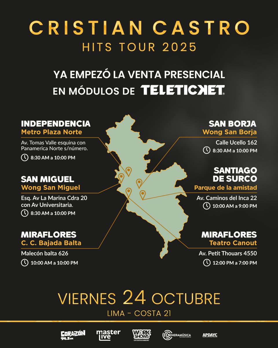 #CristianCastro | Inició la venta de entradas presencial ✨
Adquiere las últimas entradas físicas en los módulos autorizados de teleticket haciendo uso de cualquier medio de pago 💳

Cristian Castro – HITS TOUR✨
24 de octubre – Costa 21🌊

📻 Radio Oficial: Corazón ❤️