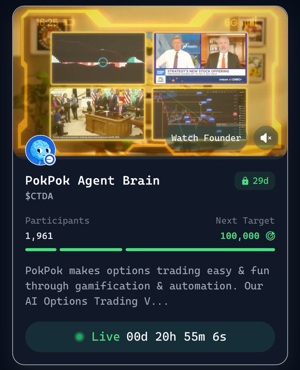 PokPok Agent Brain 인터페이스 스크린샷: $CTDA 서약 상태, 참여자 수, 실시간 타이머 표시