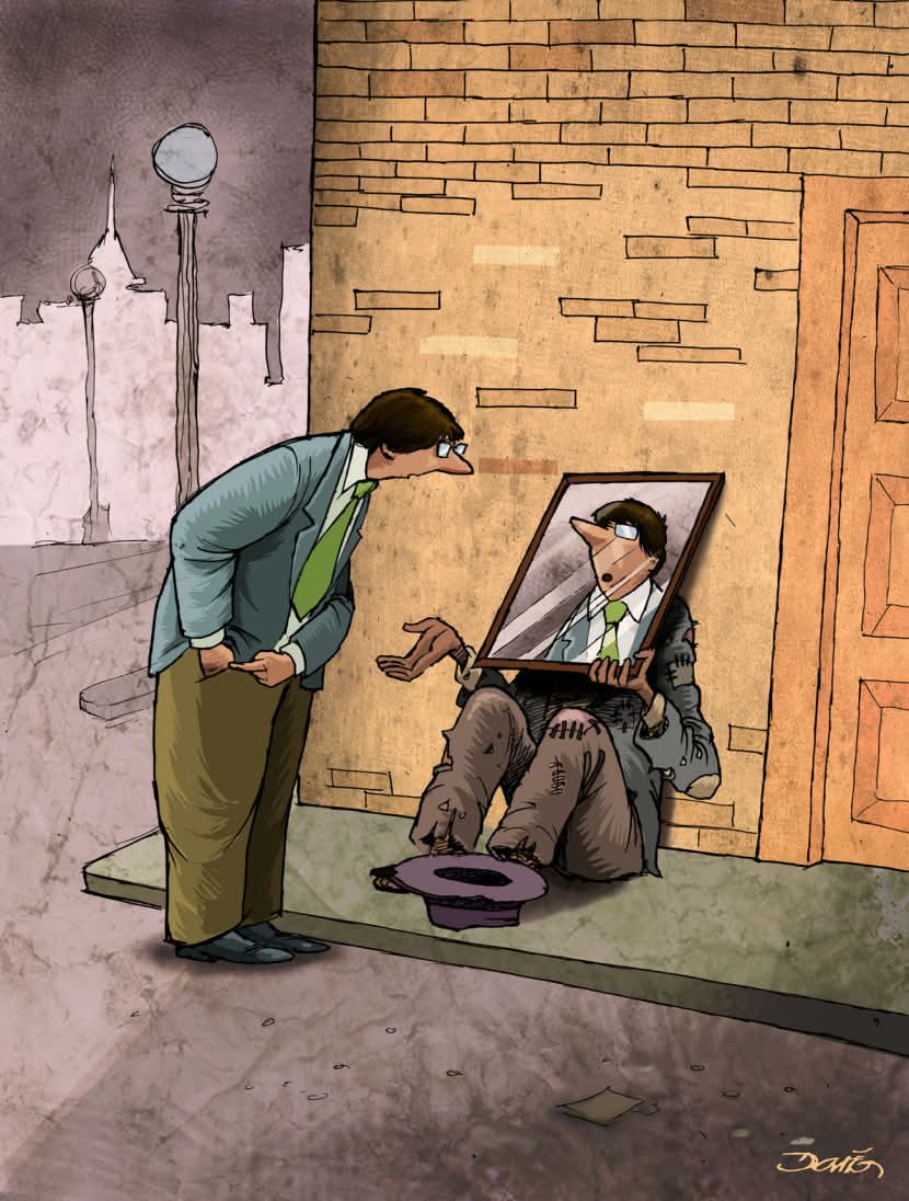 El espejo.
(Cartón galardonado con el Gran Prix en el 38° Salón Internacional del Humor en Piracicaba, Brasil en 2011)