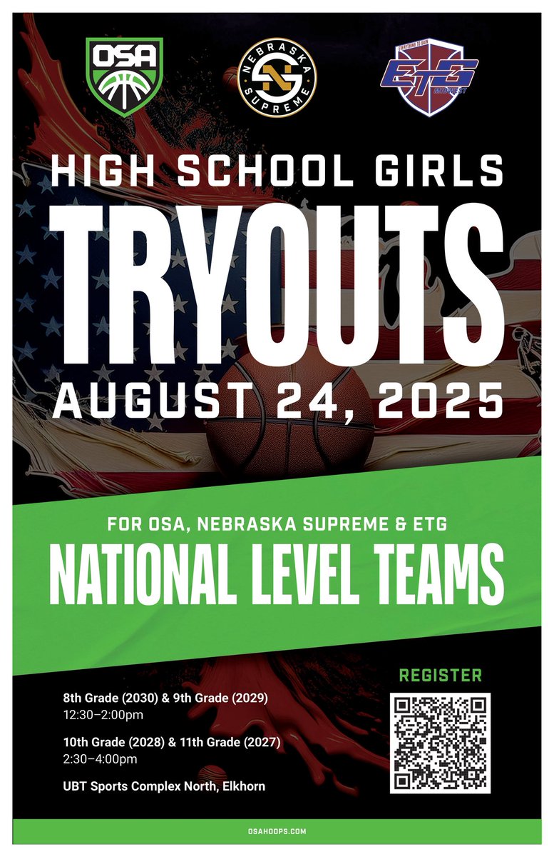 🔥HS GIRLS TRYOUTS SUNDAY🔥

Spring/Summer ‘26 Season ➡️ Don’t miss your chance to run with the best.

OSA x ETG x Nebraska Supreme

📅 Sunday, August 24
📍 UBT North
🏀 Classes 2027 – 2030

This is YOUR shot to level up with elite competition and unmatched exposure!

✅