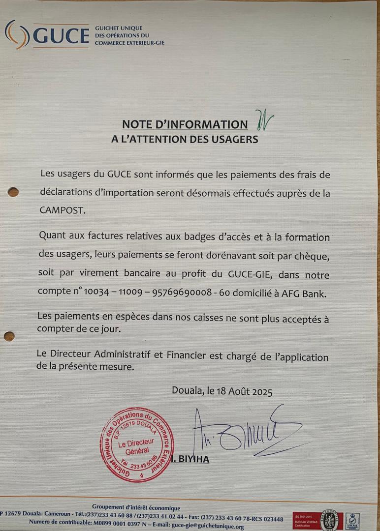 Note d’information 📑 relative au règlement des frais de déclarations d’importation, désormais effectués exclusivement via <a href="/CampostOfficiel/">CAMPOST</a>, ainsi qu’à la facturation des badges d’accès, dont le paiement devra se faire par chèque ou virement bancaire.