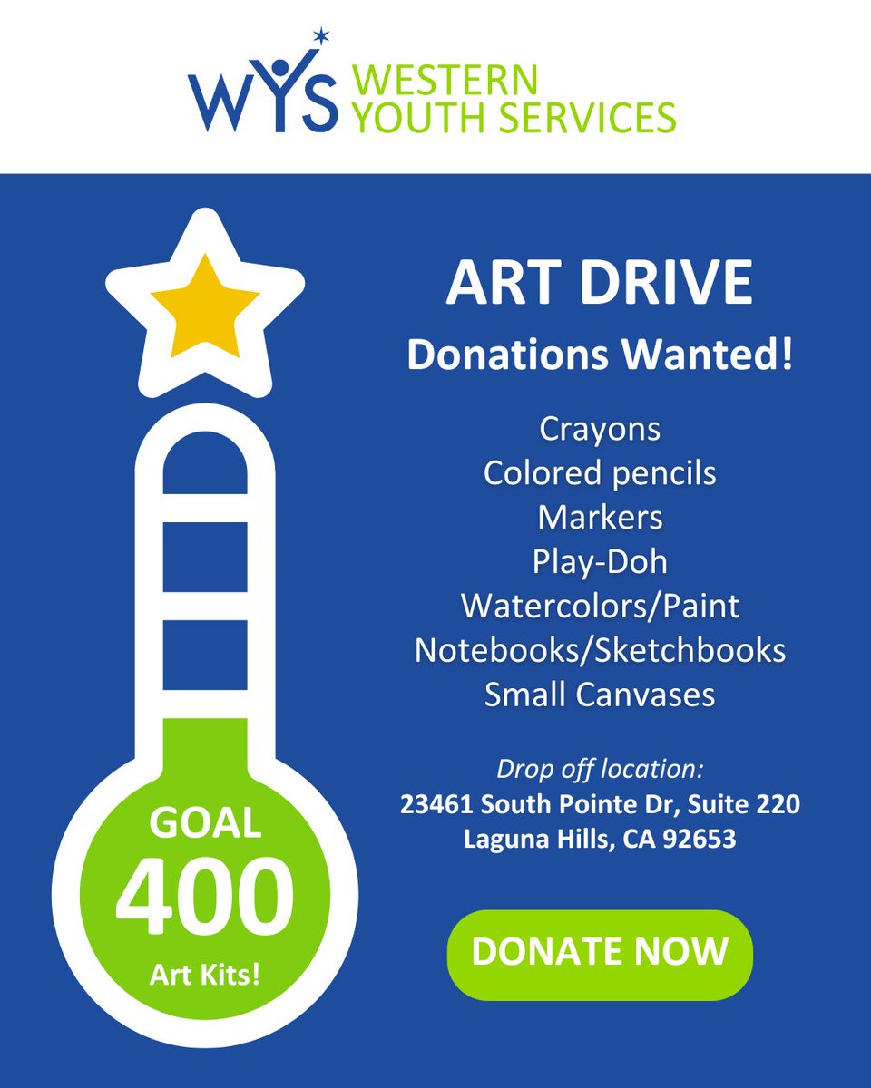 Help Us Reach 400 Art Kits by August 31st!
We’re collecting new art supplies to support art therapy programs for children facing trauma and emotional challenges. View wishlist:bit.ly/artdrivewishli…

#ArtSupplyDrive #HelpKidsHeal #MentalHealthSupport #HealingArts #DeadlineDriven
