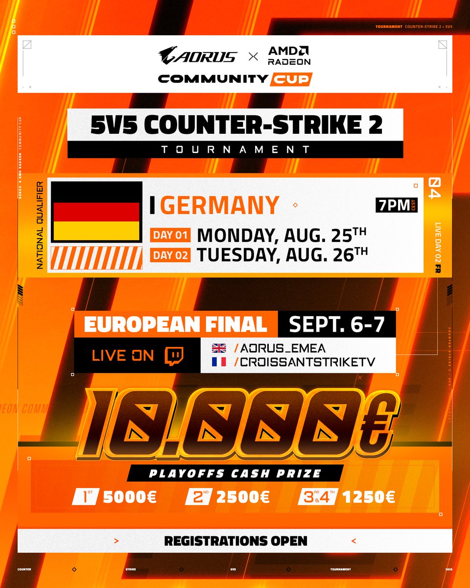 🇩🇪 𝗔𝗢𝗥𝗨𝗦 𝘅 𝗔𝗠𝗗 𝗖𝗼𝗺𝗺𝘂𝗻𝗶𝘁𝘆 𝗖𝘂𝗽 🇩🇪

📅 Qualifier :
Day 1 - Aug 25 (7PM CEST)
Day 2 - Aug 26 (7PM CEST)

💰 €10,000 prize pool
🏆 Playoffs : Sept 6-7

🔗 Registrations open now!👇