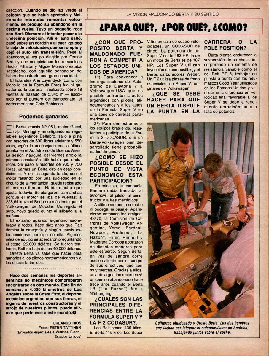 PatoG82's tweet photo. 19 de Agosto de 1984. Guillermo Maldonado (Con asistencia de Berta) corría como invitado en la Super Vee 🇺🇸
MALDONADO, VÍCTIMA DE UNA CONSPIRACIÓN
"Creyeron que no iría, que le ganarían facil. Se asombraron con sus tiempos. Lo obligarlo a partir en último lugar...
El Grafico https://t.co/Ov4kxF6tBu